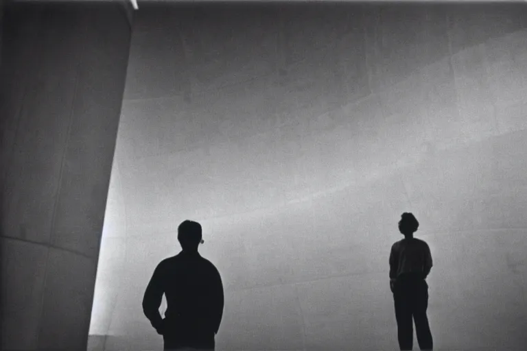 Prompt: a young man stands in the planetarium, planets and stars at background, low low exposure, decisive moment, anri cartier bresson