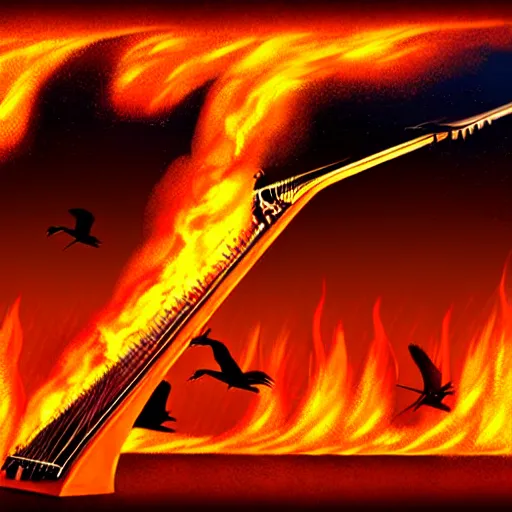 Image similar to in the lower part of the picture is the harp burning in the fire, above are cranes flying in flames, digital painting, concept art