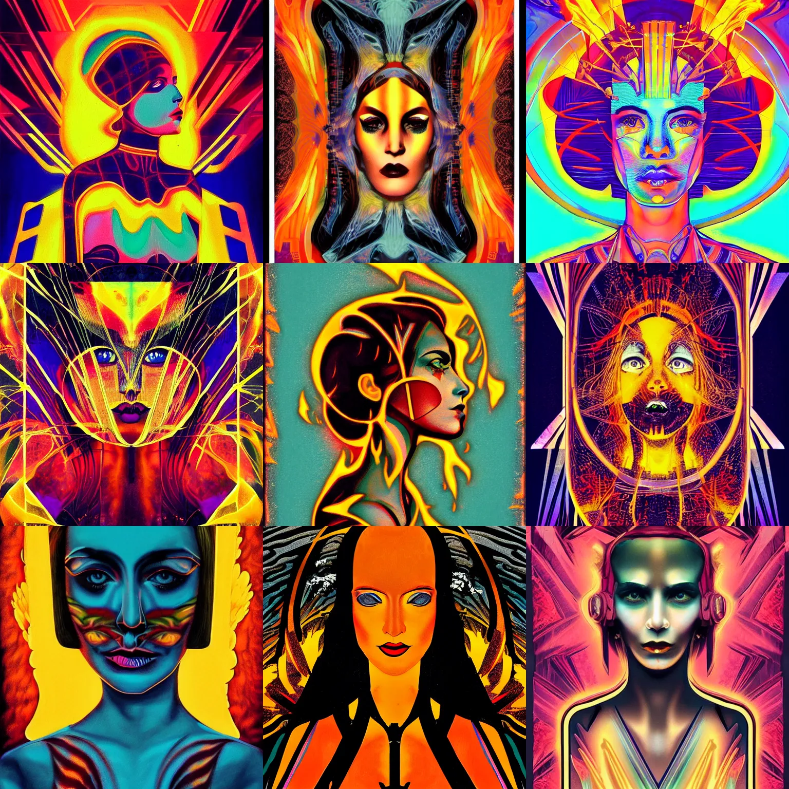 Prompt: a beautiful dramatic epic symmetrical painting of a glitch woman tv head | background is a wash of flames | tarot card, art deco, art nouveau | by Mark Maggiori | trending on artstation