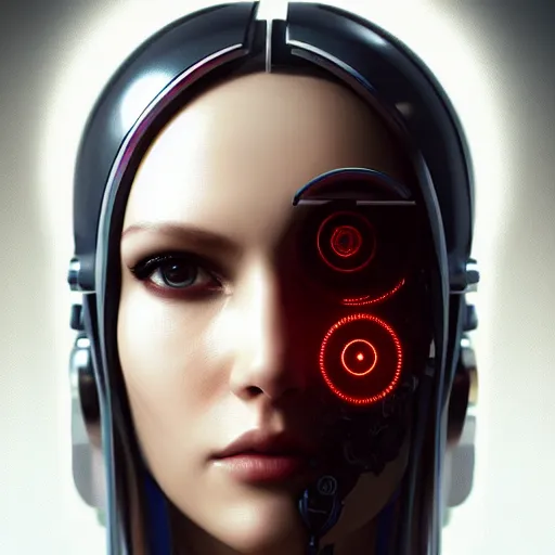 Image similar to Perfectly-Centered Half-body-Portrait of a Mechanical Cyberpunk Female Android, perfectly centered photograph, facing forward, stranding straight, intricate, elegant, super highly detailed, professional digital painting, artstation, concept art, smooth, sharp focus, no blur, no dof, extreme illustration, Unreal Engine 5, Photorealism, HD quality, 8k resolution, cinema 4d, 3D, beautiful, cinematic, art by artgerm and greg rutkowski and alphonse mucha and loish and WLOP