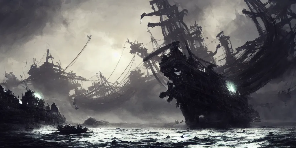 Image similar to A medieval ship flotilla is getting destroyed by a giant kraken monster at sea. In style of Yoji Shinkawa and Hyung-tae Kim, trending on ArtStation, Greg Rutkowski, dark fantasy, great composition, concept art, highly detailed, scenery.