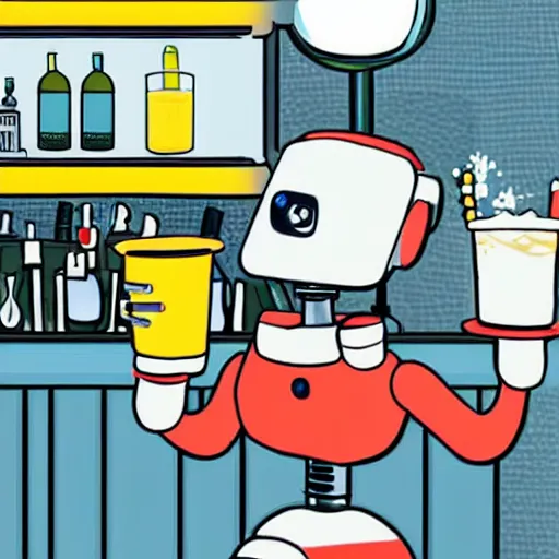 Image similar to a retro robot at the bar orders a drink from a (TY fluffy puppy) bartender.