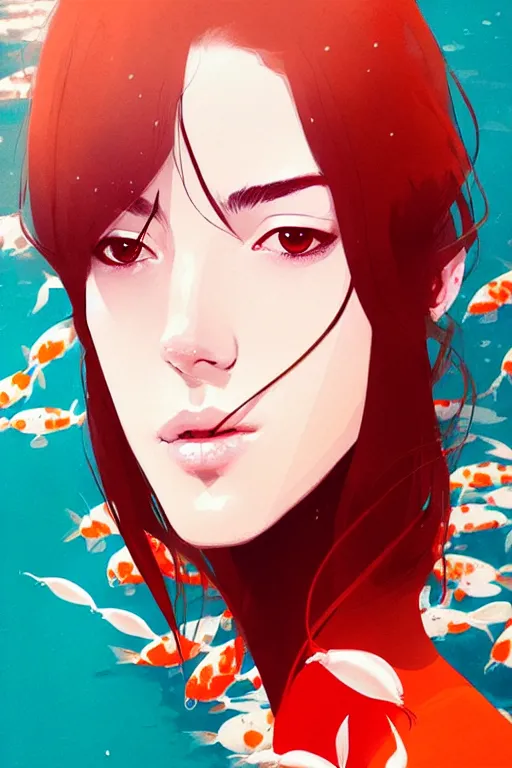 Image similar to a ultradetailed beautiful portrait panting of a stylish woman surrounded by floating koi fish, by conrad roset, greg rutkowski and makoto shinkai, trending on artstation