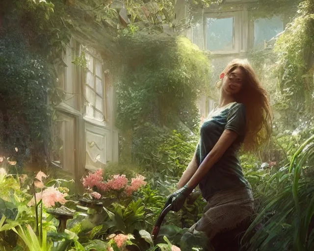 Image similar to a beautiful girl is taking care of the garden in a beautiful and varied vegetation dream garden with quality pruning shears, artstation greg rutkowski, cinematic, hyperrealist, beautiful face and features, the most beautiful girl digital art, light essential calm quality wlop projection render