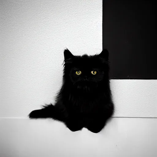 Prompt: national geographic photograph of a black persian cat sitting in a white room