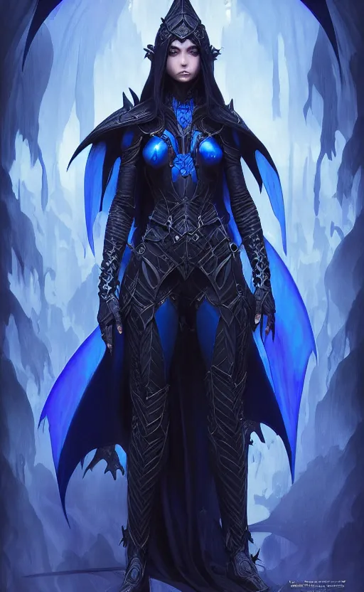 Image similar to Gothic elf princess in dark and blue dragon armor, sci-fi, highly detailed, digital painting, artstation, concept art, smooth, sharp focus, illustration, art by artgerm and greg rutkowski and alphonse mucha