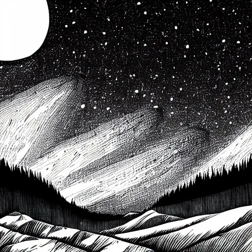 Prompt: black and white comic illustration of a scenic valley with a sky full of galaxies