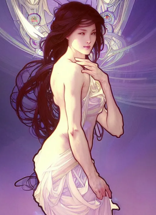 Prompt: digital character concept art by artgerm and greg rutkowski and alphonse mucha. clear portrait of a young wife blessed by god to uncontrollably become overwhelmingly perfect!! asian, fully clothed!!!, super feminine holy body!! light effect. hyper detailed, glowing lights!! intricate, elegant, digital painting, artstation, smooth, sharp focus