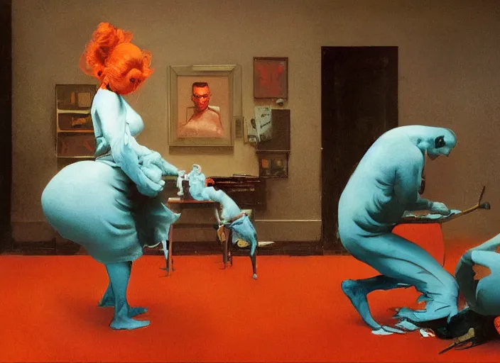 Prompt: a still from the movie million dollar baby nest by francis bacon and norman rockwell and james jean, and mark brooks, triadic color scheme, by greg rutkowski, syd mead and edward hopper and norman rockwell and beksinski, dark surrealism, orange and turquoise