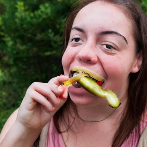 Image similar to a photo of a person unable to eat a pickle properly