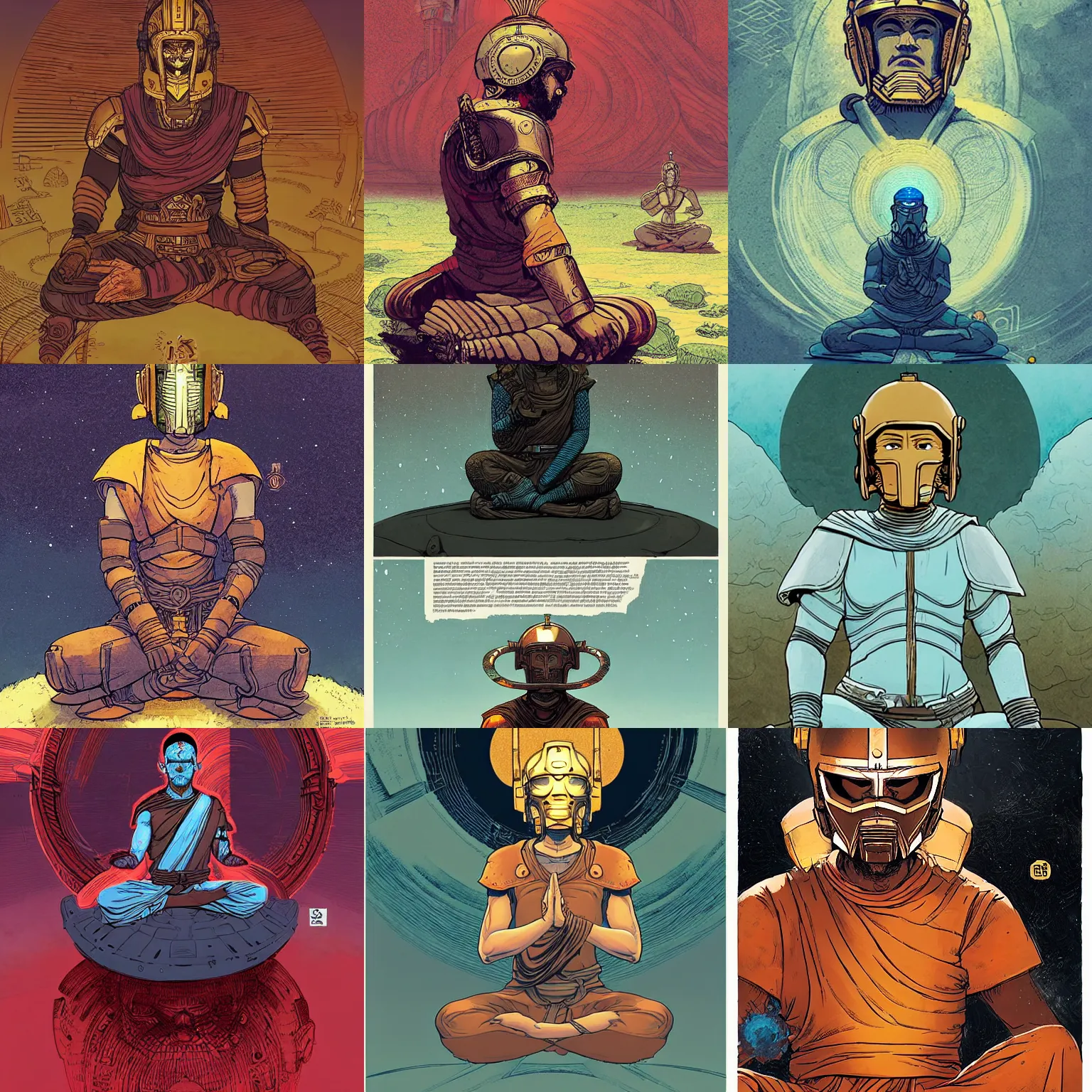 Prompt: monk with a spartan helmet meditating, by borderlands and by feng zhu and loish and laurie greasley, victo ngai, andreas rocha, john harris