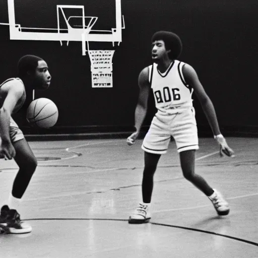 Prompt: photograph of two man playing basketball in Harlem high school, circa 1975