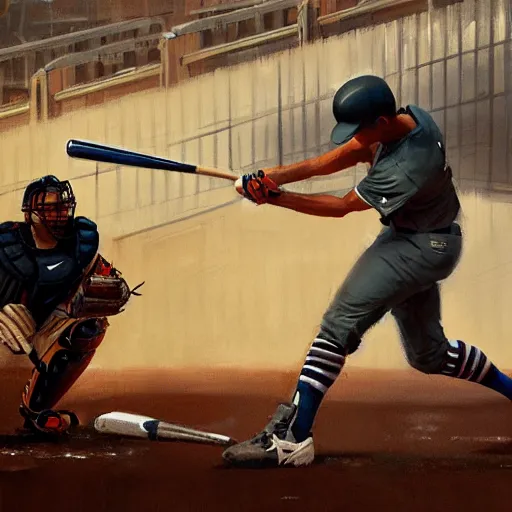 Image similar to baseball player hitting the ball with the baseball bat in the middle of the game and in front of everyone in the stadium, james gurney painting style, greg rutkowski, artstation