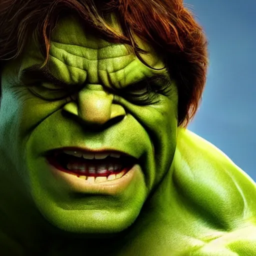 Prompt: Danny Devito as The Incredible Hulk, cinematic, realistic, detailed, portrait, green skin