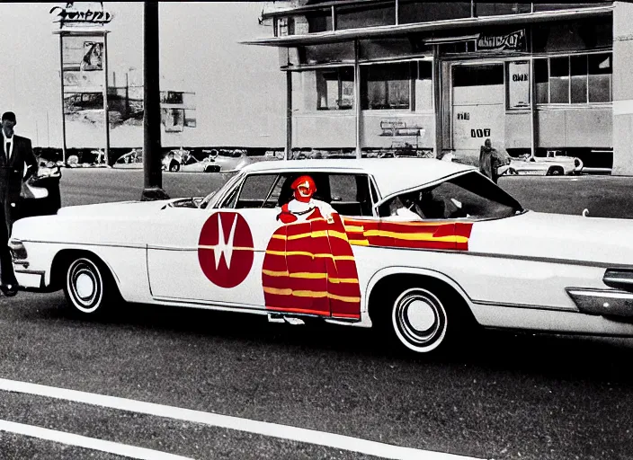 Prompt: vintage mcdonald's commercial depicting ronald mcdonald in kennedy's car at the jfk assassination, in dallas, by zapruder, by saul leiter, by norman rockwell