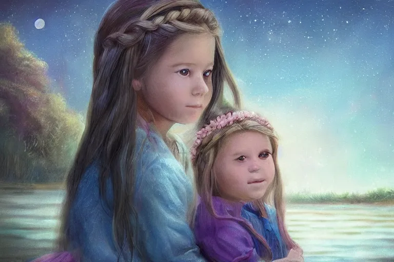 Prompt: beautiful dreamy concept art of a cute little girl with braided hair, on a boat ride in a lake with her puppy, moonlit nightscape, smooth, realistic face and skin tones, trending on artstation, 8 k, 4 k