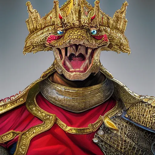 Image similar to detailed photorealistic painting of a crocodile wearing a highly detailed ornamented gold crown with diamonds, in a medieval knight armor with red cape , sharp focus in the style of ruan jia, Mandy jurgens, cinematic light, concept art, trending on artstation, ultra realistic