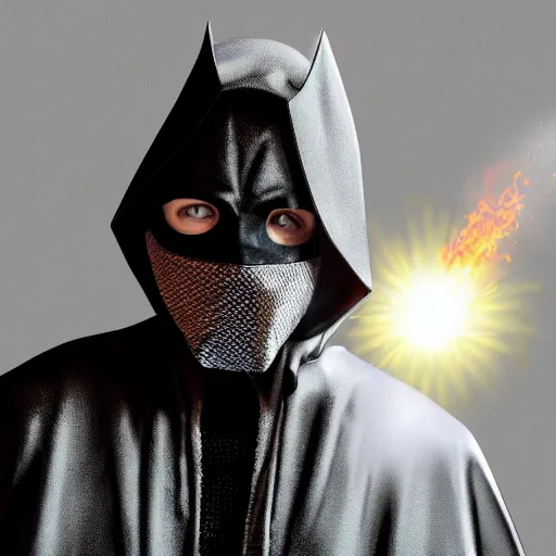 Image similar to masked villain with a dark cloak and a light grey jumpsuit holding a big iron revolver and turning his head at a 3 0 degree angle ( highly detailed, photo - realistic, hyperrealistic, flashing lights, greatly illustrated, uhd, 4 k render image )