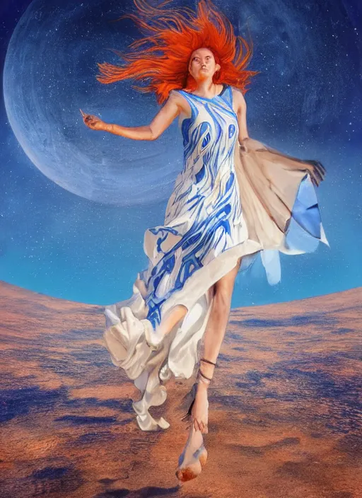 Prompt: full body portrait of beautiful goddess of mars theme inspired wearing blue and white carved details moving dress, she is floating in the air, planet mars in the background, open sky, 3 d realistic, octane render, mystical, orange fog, circle forms, iper realistic, cinematic light, paint on canvas, art by vlop