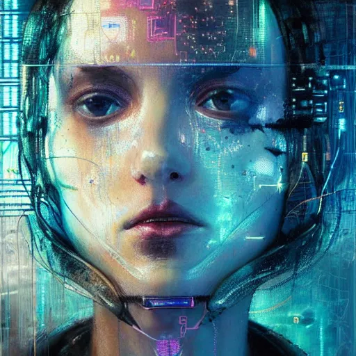 Prompt: female cyberpunk portrait by cy Twombly and BASTIEN LECOUFFE DEHARME, circuit boards, led display, iridescent fractal, high tech