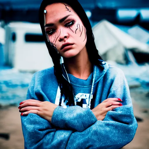 Image similar to photographic portrait of a streetwear woman with watery eyes, a futuristic shanty town burns in the background, closeup, distress, tattoos, sigma 85mm f/1.4, 4k, depth of field, high resolution, 4k, 8k, hd, full color