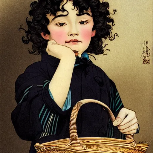 Image similar to a boy with long black curly hair, round face holding a loaf of bread in a basket. By JC Leyendecker. By Yasunari ikenaga .