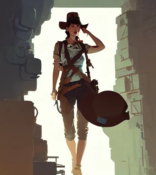 Prompt: portrait of a female indiana jones by atey ghailan, by greg rutkowski, by greg tocchini, by james gilleard, by joe fenton, by kaethe butcher, dynamic lighting, gradient light blue, brown, blonde cream and white color scheme, grunge aesthetic