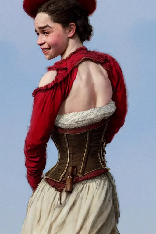 Image similar to Emilia Clarke smiling warmly in a 1800s American Corset in Red Dead Redemption, only two hands, highly detailed, digital painting, artstation, concept art, smooth, sharp focus, illustration, Unreal Engine 5, 8K, art by art by artgerm and greg rutkowski and edgar maxence