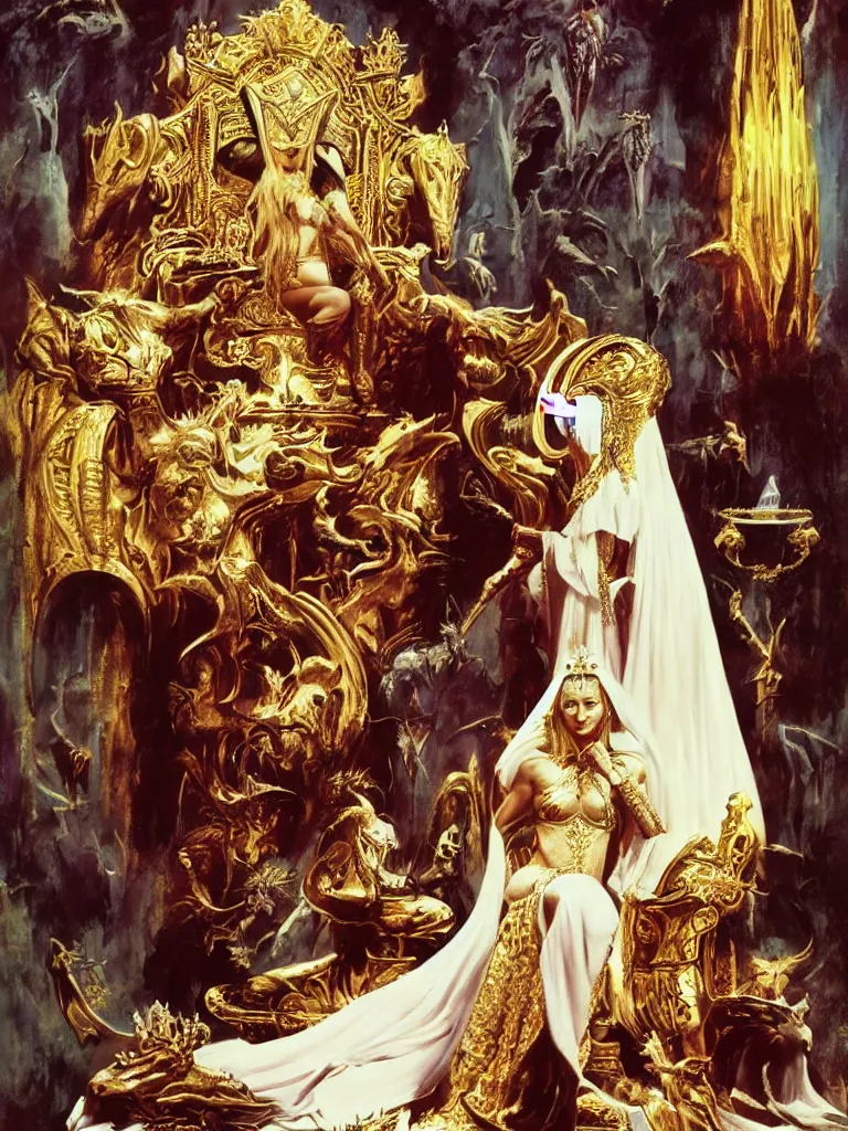 Prompt: Madonna on a gold throne with white Lion at her feet, a beautiful painting by Wayne Barlowe and Frank Frazetta