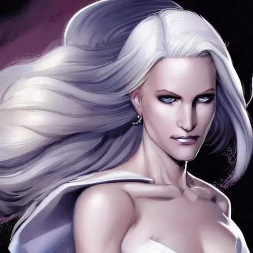 Image similar to portrait of emma frost, a beautiful woman in her 3 0 s with white blonde hair and blue eyes dressed in a fashionable white suit, detailed face, beautiful face, delicate features, smooth, sharp focus, graphic novel, art by artgerm and greg rutkowski and ardian syaf and pepe larraz,