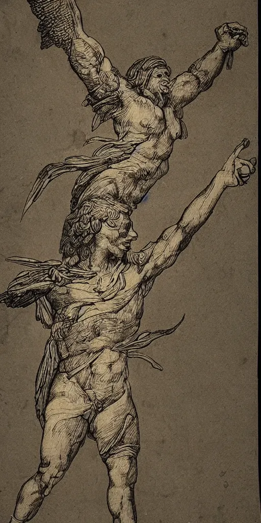 Image similar to human - eagle creature with one big beak, drawn by da vinci