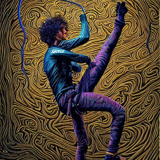 Image similar to Adam Ondra, portrait, style alex gray, style dan hillier, dmt background, hyperrealistic, snake climbing ropes