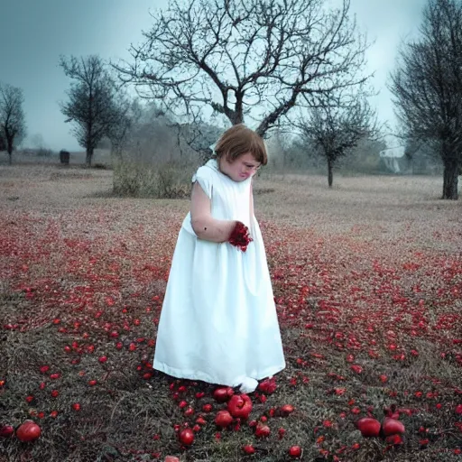 Prompt: a girl in a white cotton dress. a decaying georgian farmhouse. a tree of red apples. folk. gothic