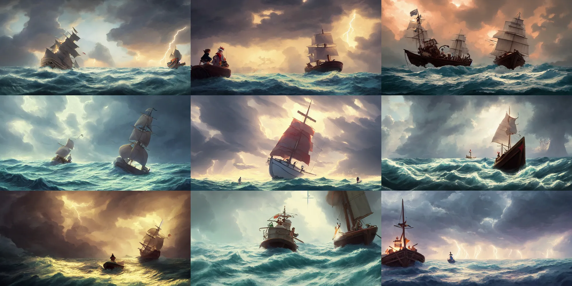 Prompt: a wholesome cottagecore illustration of a Sailor maneuvering his ship in a storm, studio Ghibli, Pixar and Disney animation, sharp, Rendered in Unreal Engine 5, anime key art by Greg Rutkowski, Bloom, dramatic lighting, foggy, lightning