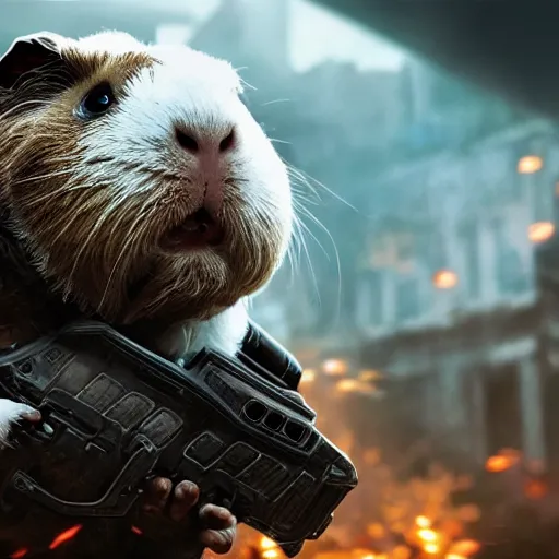 Image similar to guinea pig in gears of war, splash art, movie still, detailed face, photorealistic facial features, cinematic lighting, dramatic, octane render, long lens, shallow depth of field, bokeh, anamorphic lens flare, 8 k, hyper detailed, 3 5 mm film grain