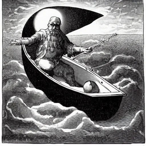 Image similar to charon in his boat at sea looking at a black hole in the universe.