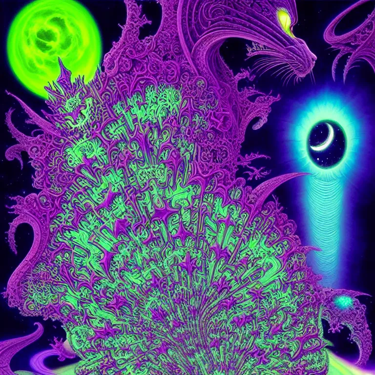 Image similar to mysterious cosmic kitten hovering over haunted mystical temple, infinite hallucinogenic fractal waves, # f 2 2 2 ff # 8 c 1 eff synthwave, bright neon colors, highly detailed, cinematic, eyvind earle, tim white, philippe druillet, roger dean, ernst haeckel, lisa frank, aubrey beardsley, kubrick