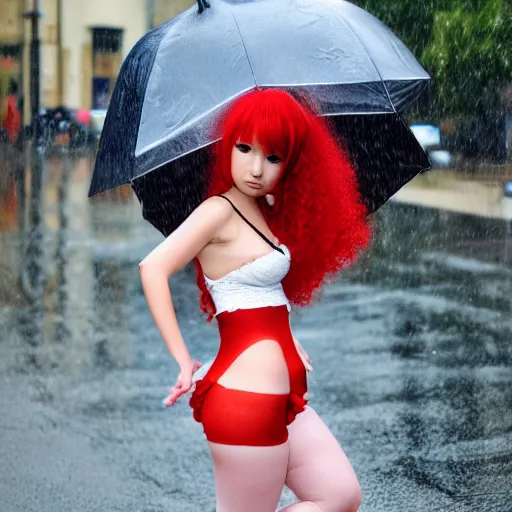 prompthunt: anime girl walks in lingerie and pantyhose in the rain with an  umbrella, red curly hair in pigtails with an elastic band, rain, full HD, 8k