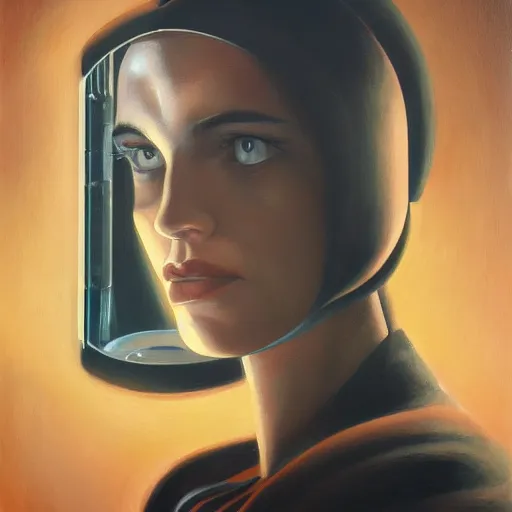 Image similar to detailed face of a woman, clockwork, moment, tectonic sky, skydome, bullet train, turbines, utopian, tech noir, wet reflections, prism, atmospheric, ambient, pj crook, syd mead, livia prima, emma uber, greg rutkowski, edward hopper