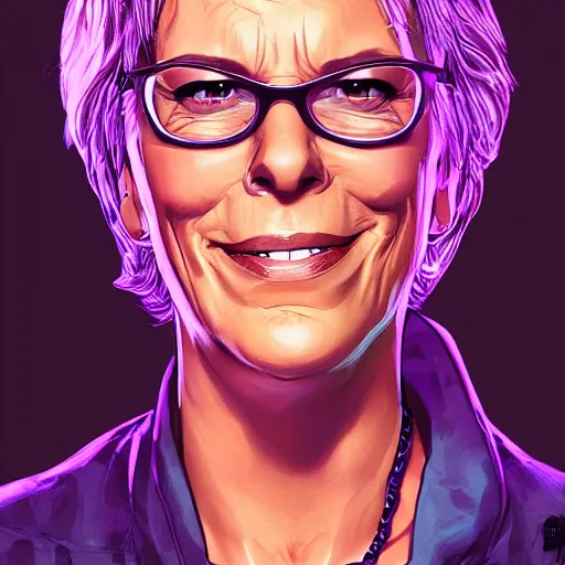 Image similar to jamie lee curtis portrait, borderlands, tales from the borderlands, the wolf among us, comic, cinematic lighting, studio quality, 8 k