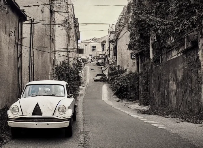 Image similar to an ugly old car driving in a narrow road, award winning photo, 4 k, photolab, polaroid photo