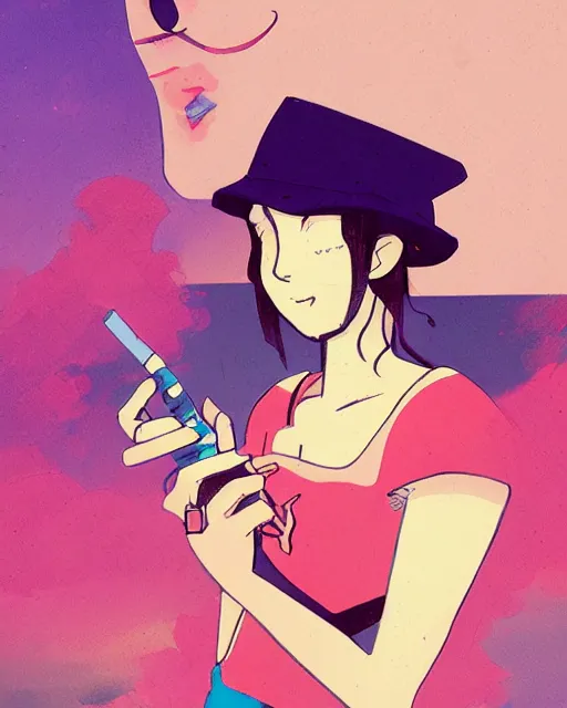 Prompt: girl with beret smoking a cigarette, colored manga panel, drawn by Anton Fadeev