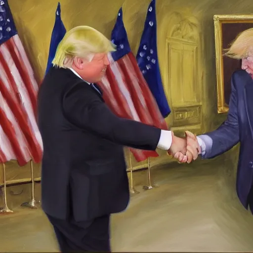 Prompt: Oil painting of Boris Johnson dancing with Donald Trump