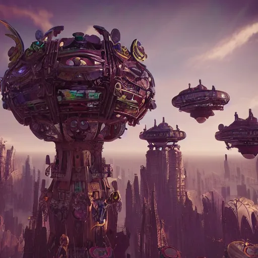 Image similar to flying city in a mechanical flower, sky, fantasy art, steampunk, masterpiece, unreal 5 render