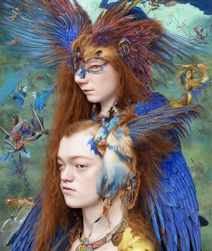 Image similar to a portrait photograph of a meditating fierce sadie sink as a colorful harpy bird super hero with blue mutated skin. she has animal skin grafts and cyborg body modifications and implants. by donato giancola, hans holbein, walton ford, gaston bussiere, peter mohrbacher and brian froud. 8 k, cgsociety, fashion editorial