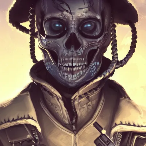 Image similar to a menacing somali space pirate with skull face paint, Apex Legends character digital illustration portrait design, by android jones, detailed, cinematic lighting, wide angle action dynamic portrait