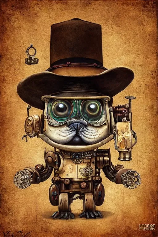 Prompt: old west robot pug, made of planks, magic realism, wild - west steampunk, mysterious, vivid colors, by mark ryden, tom bagshaw, trevor brown