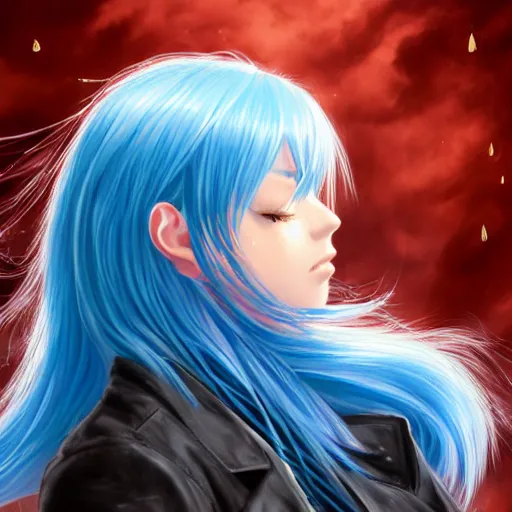 Image similar to side profile of rimuru tempest looking down with sky blue hair, long hair, gold eyes, high collar, film grain, 3 5 mm, black jacket | shiny, highly detailed, rain, professional digital painting, concept art, award - winning photography, cinematic, wlop | art by pixiv art, andy warhol, yoshitaka amano, deviantart