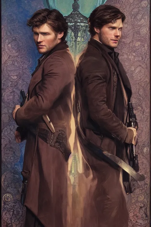 Image similar to a detailed matte portrait of jensen ackles and jared padalecki in a supernatural sherlock holmes story, masterpiece, 8 k, art by alphonse mucha and greg rutkowski