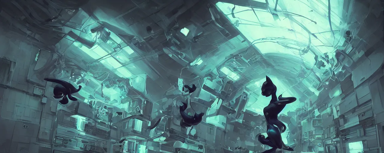 Image similar to duotone noir scifi concept illustration of black cat inside box zero gravity glowing 3 d mesh quantum portals, glowing eyes, octane render, surreal atmosphere, volumentric lighting. accidental renaissance. by sachin teng and sergey kolesov and ruan jia and heng z. graffiti art, scifi, fantasy, hyper detailed. trending on artstation